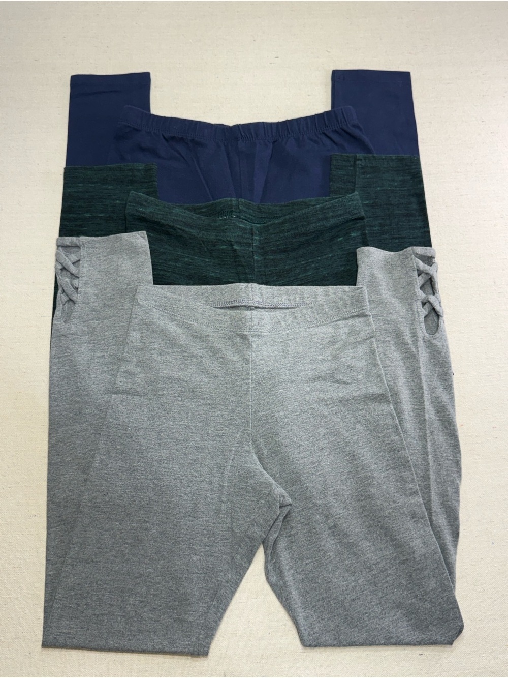 Girls Set of 3 Leggings - Grey, Green & Navy Blue - Size Large (10-12)